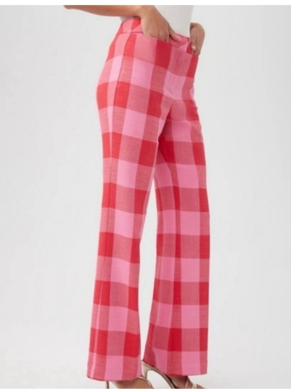 Trina Turk Pink and Red Check Flare Knit Pants NWOT size 12